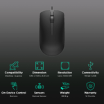 Dell MS116 USB Wired Optical Mouse in black, designed for precision tracking and ergonomic comfort, ideal for office and retail environments.
