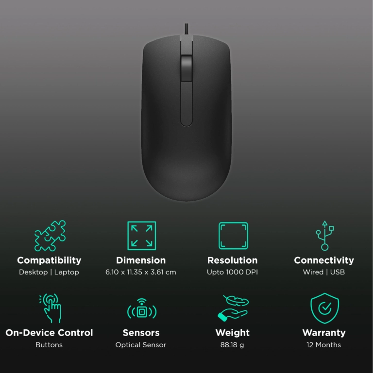 Dell MS116 USB Wired Optical Mouse in black, designed for precision tracking and ergonomic comfort, ideal for office and retail environments.
