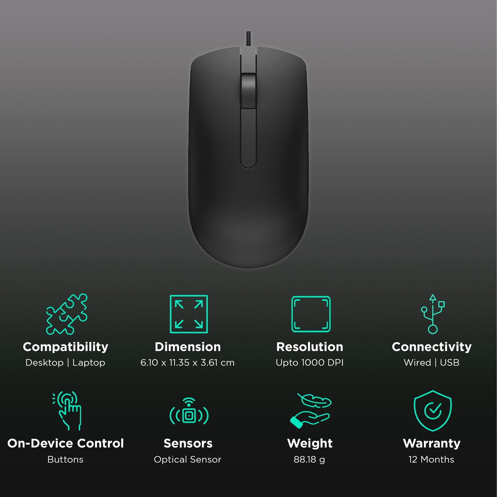 Dell MS116 USB Wired Optical Mouse in black, designed for precision tracking and ergonomic comfort, ideal for office and retail environments.