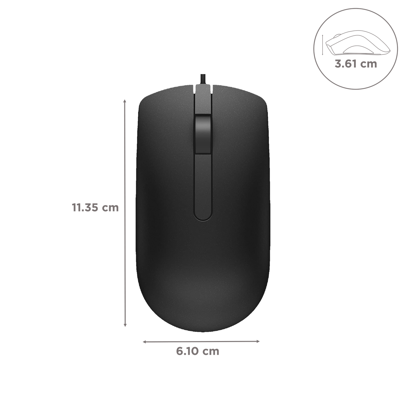 Dell MS116 USB Wired Optical Mouse in black, designed for precision tracking and ergonomic comfort, ideal for office and retail environments.