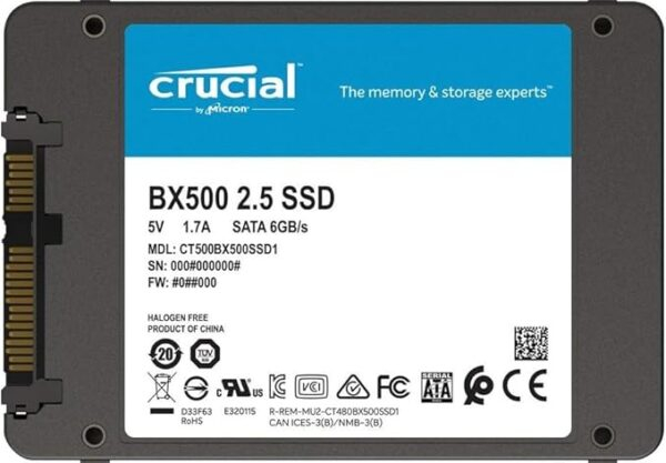 Crucial BX500 SSD 500GB, black and blue 2.5-inch SATA solid-state drive, built with 3D NAND for laptops and desktops