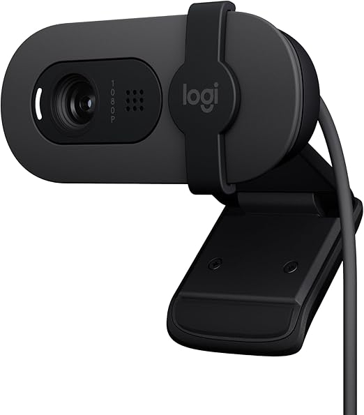 Logitech Brio 100 Full HD Webcam, Graphite color, built-in mic with privacy shutter for meetings and streaming
