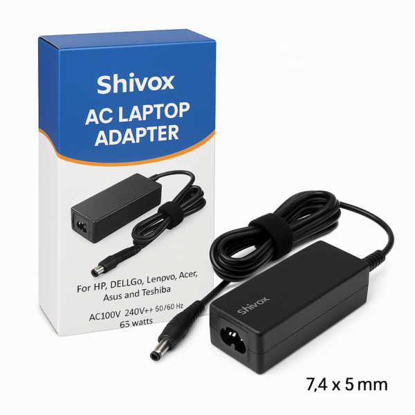 Shivox Laptop Adapter 65W, black, with 7.4x5mm connector, compatible with HP, Dell, Lenovo and others, color box packaging
