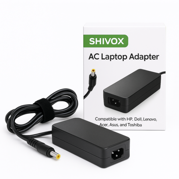 Shivox Laptop Adapter 65W, black, with 4.8x1.7mm connector, compatible with major laptop brands, in retail color box packaging