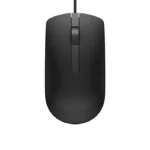 Dell MS116 USB Wired Optical Mouse in black, designed for precision tracking and ergonomic comfort, ideal for office and retail environments.