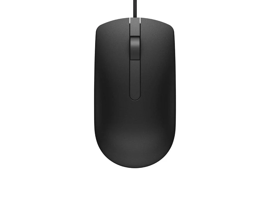 Dell MS116 USB Wired Optical Mouse in black, designed for precision tracking and ergonomic comfort, ideal for office and retail environments.