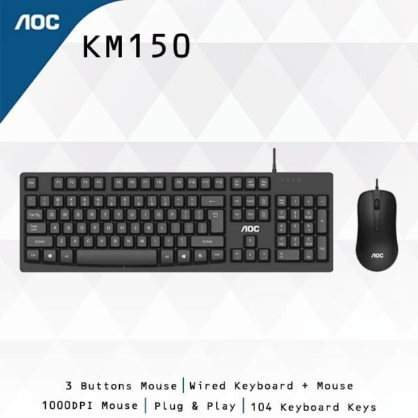 AOC KM150 wired combo delivers smooth, precise typing and navigation with a reliable USB connection—ideal for home or office use