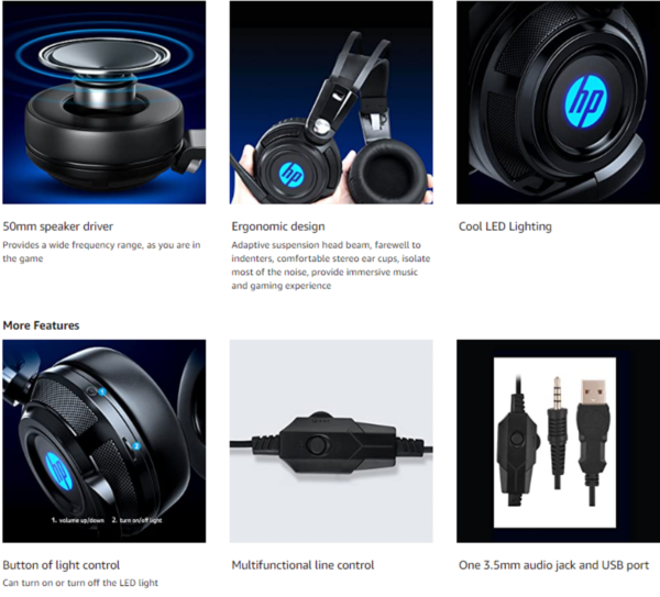 HP H200 Gaming Headset with LED, 7.1 Surround Sound, Mic, and 50mm Skin-Friendly Speakers – Ideal for Bulk Orders