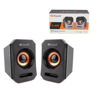 Kisonli A-606 Stereo Sound Multimedia Speakers deliver high-quality audio in a compact design—perfect for laptops, desktops, and AIO systems in home or office settings.