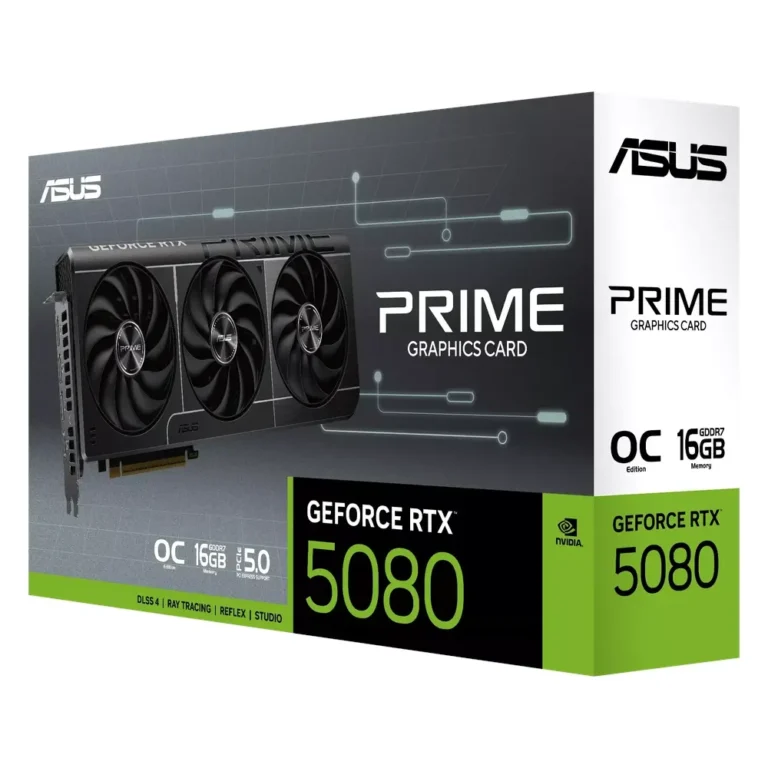 Asus 90YV0LX0-M0NA00, PRIME GeForce RTX 5080 graphics card, 16GB GDDR7, triple Axial-Tech fans, bulk gaming PC builds