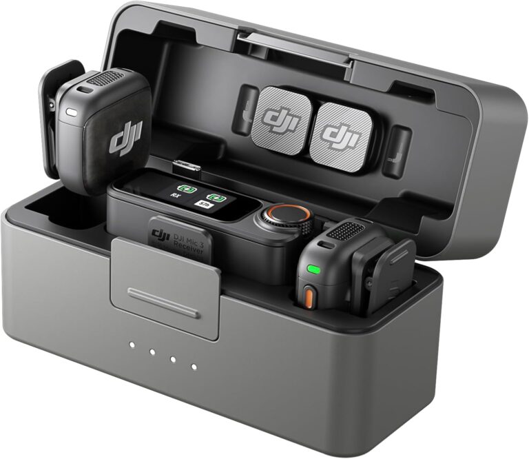 DJI Mic 3 wireless microphone kit with 2 transmitters, receiver, and charging case for creator and interview use