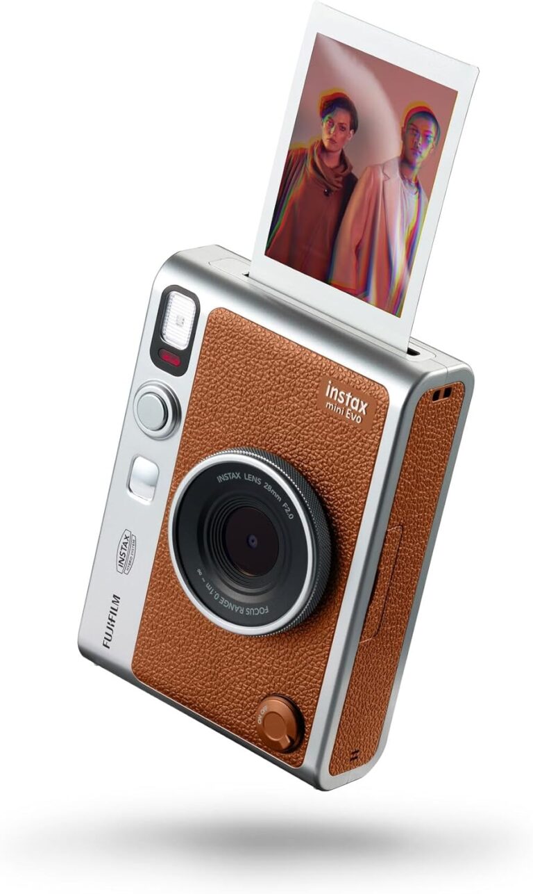 Fujifilm INSTAX Mini EVO Brown hybrid instant camera with LCD screen, selfie mirror, app printing, and INSTAX MINI film support