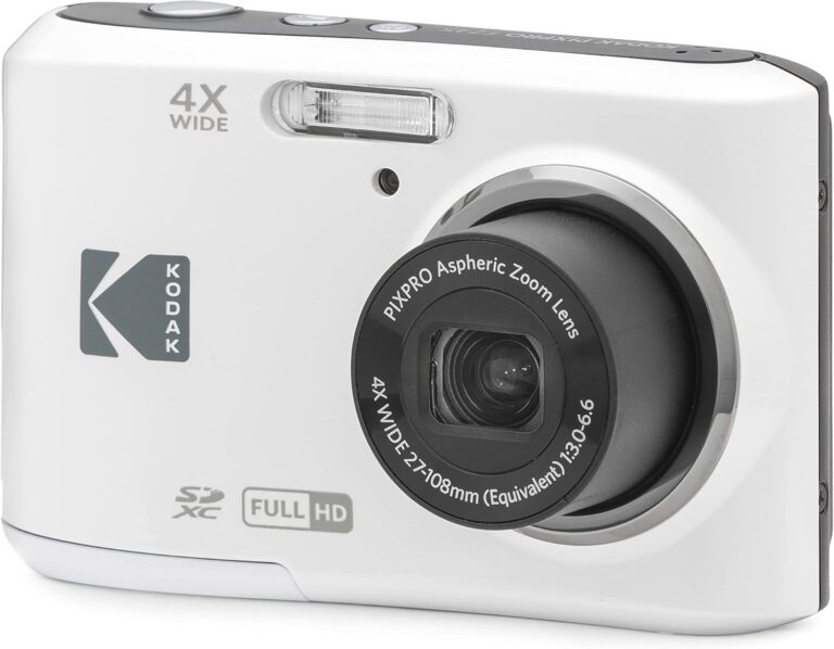 KODAK FZ45-WH white compact digital camera with 16MP sensor, 4x optical zoom, and 27mm wide-angle lens for daily photography