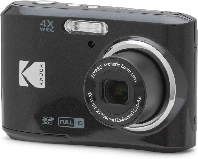 KODAK FZ45-BK black compact digital camera with 16MP sensor, 4x optical zoom, and 27mm wide-angle lens for daily photography