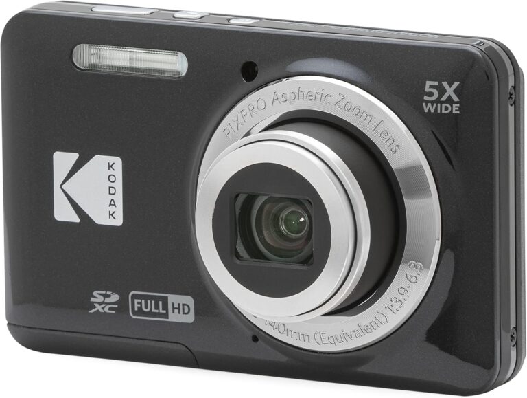 KODAK FZ55-BK black compact digital camera with 16MP sensor, 5x optical zoom, and 28mm wide-angle lens for daily photography
