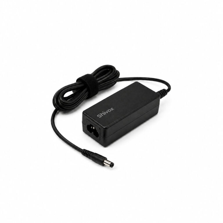 Shivox Laptop Adapter 65W black charger with 7.4 × 5mm connector and brown box packaging for compatible HP Dell Lenovo Acer Asus and Toshiba laptops