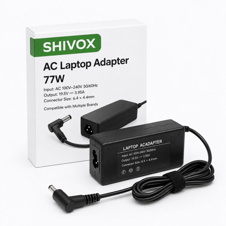 Shivox Laptop Adapter 77W black charger with 19.5V 3.95A output, 6.4 × 4.4mm connector and color box packaging