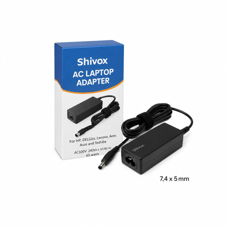 Shivox Laptop Adapter 65W black charger with 7.4 × 5mm connector and color box packaging for compatible HP Dell Lenovo Acer Asus and Toshiba laptops