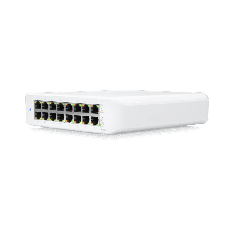 Ubiquiti USW-Lite-16-PoE, 16-port Gigabit PoE+ switch, 45 W power budget, fanless design, B2B wholesale