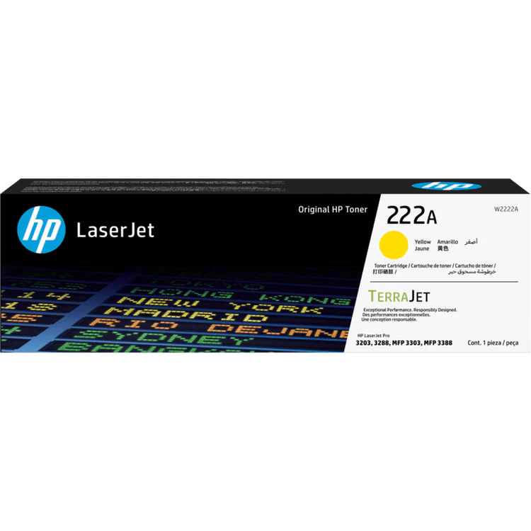 HP 222A original yellow toner, W2222A laser toner cartridge, HP LaserJet Pro color printing, business use