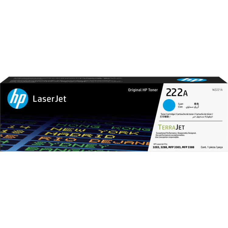 HP 222A original cyan toner, W2221A laser toner cartridge, HP LaserJet Pro color printing, business use