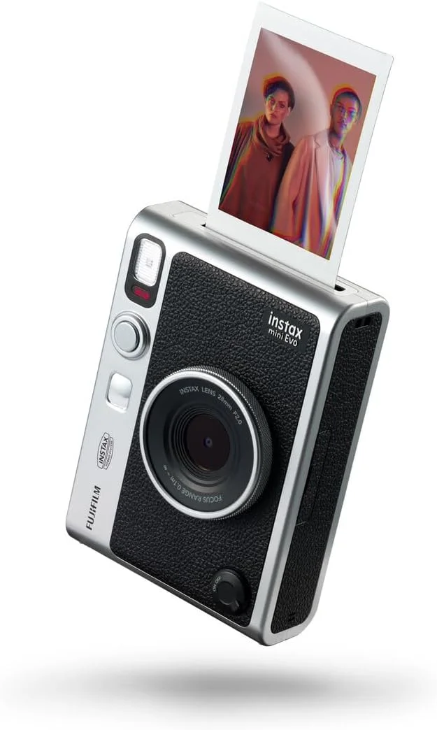 Fujifilm INSTAX Mini EVO black hybrid instant camera with USB-C charging, digital preview, and instant print support