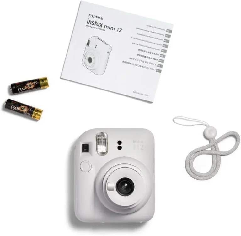 Fujifilm Instax Mini 12 Clay White instant camera with selfie mirror, close-up mode, and automatic exposure for instant photo printing