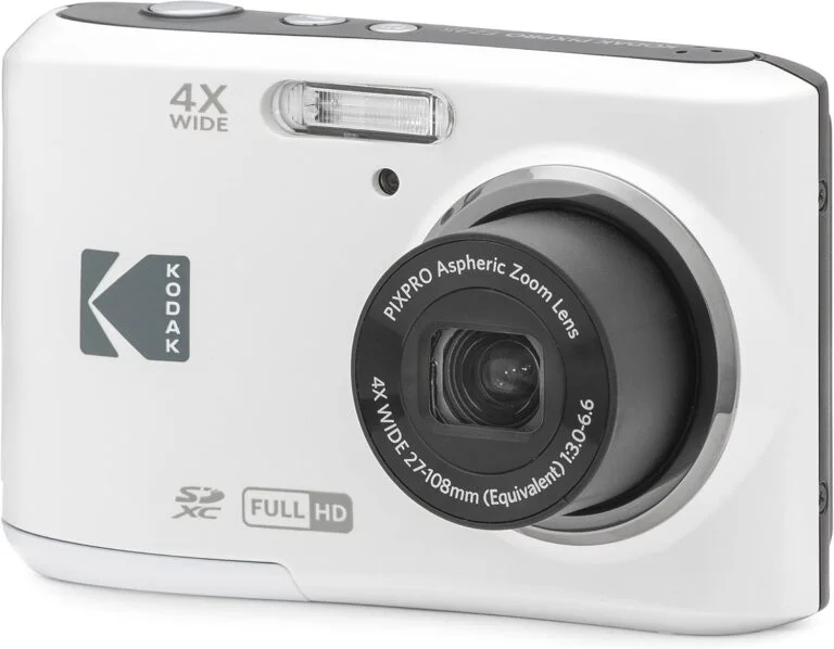 KODAK FZ45-WH white compact digital camera with 16MP sensor, 4x optical zoom, and 27mm wide-angle lens for daily photography
