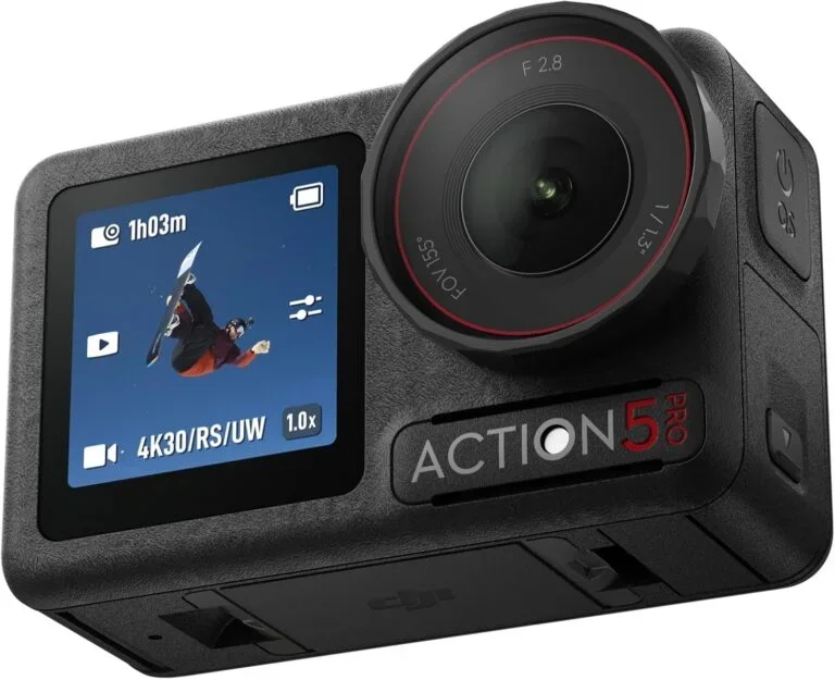 DJI Osmo Action 5 Pro Essential Combo waterproof 4K action camera with 1/1.3-inch sensor and dual OLED touchscreens
