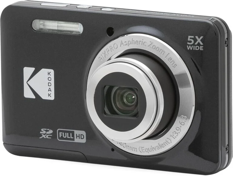 KODAK FZ55-BK black compact digital camera with 16MP sensor, 5x optical zoom, and 28mm wide-angle lens for daily photography